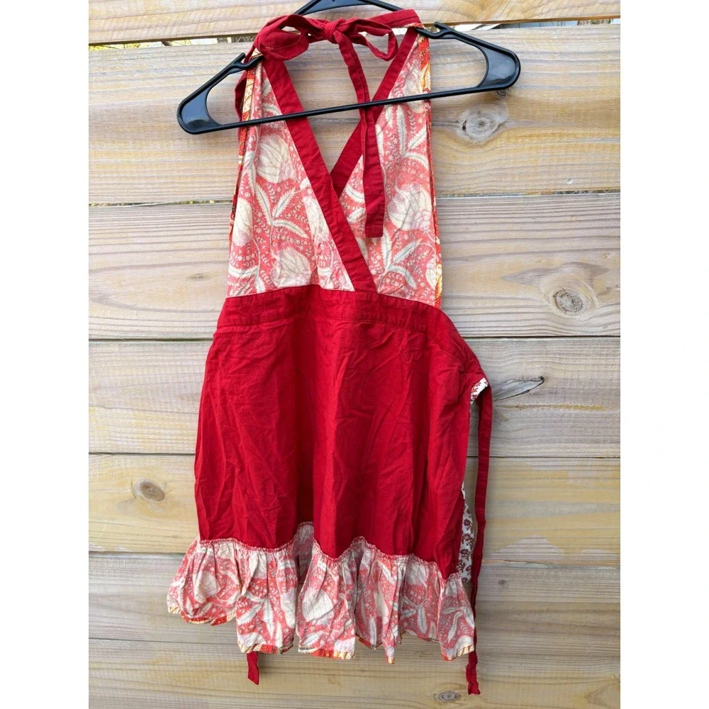 Two's Company Floral homemade Print Halter Apron Red Orange Cotton Ruffle Hem